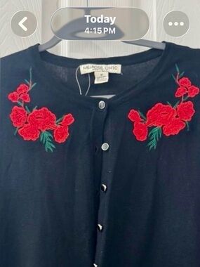 Melrose Chic NY Black Cardigan with Red Rose Embroidery Size M